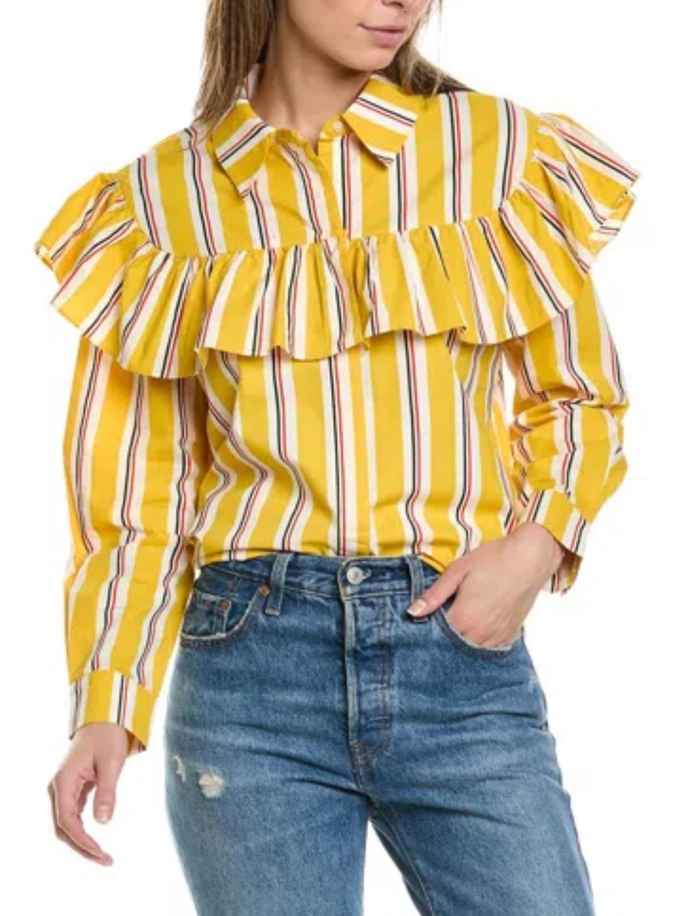 Clare V Yellow Marigold Multi Pinstripe Cotton Charlotte Ruffle Blouse Top Sz XS